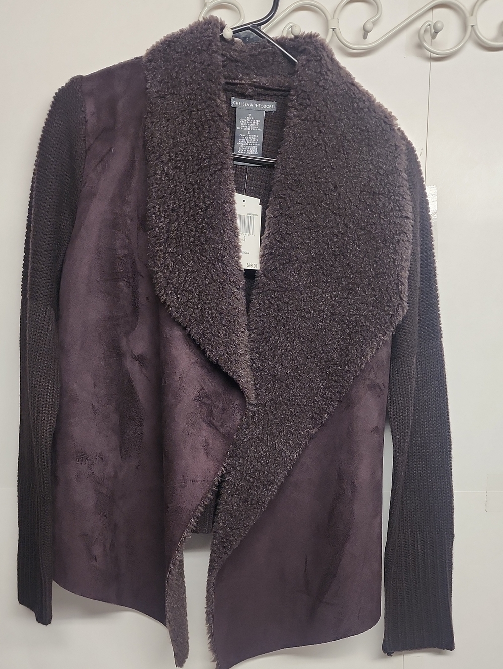 Chelsea & Theodore Dark Plum Brown Faux-Suede Shearling Draped Jacket Sz S